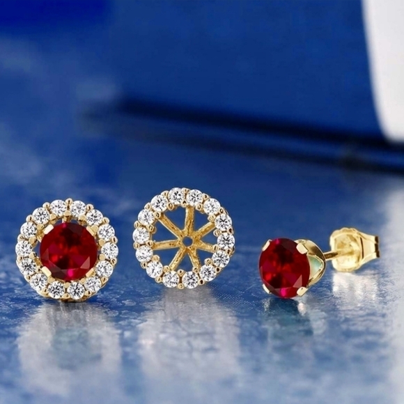 1.59ct Red Ruby Yellow Gold Silver Diamond Earrings 925 Gift Anniversary - Picture 1 of 3